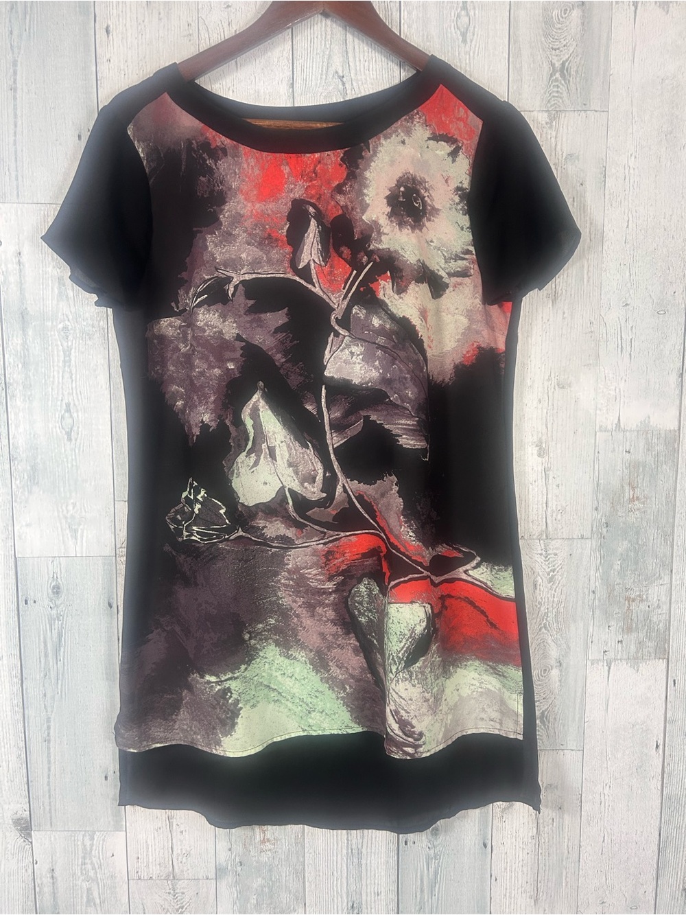 RW&CO Black Abstract Floral High Low Tunic Top Layered Artsy Print Medium BOHO